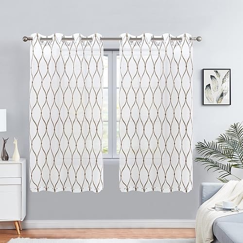 July Joy Cortinas traslúcidas blancas de 63 pulgadas de largo marroquí bordadas con ojales para sala de estar dormitorio 2 paneles