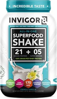 INVIGOR8 Superfood Protein Shake with Immunity Boosters - Gluten-Free Non GMO Meal Replacement Shake with Probiotics and Omega 3 (645 Grams) (French Vanilla)