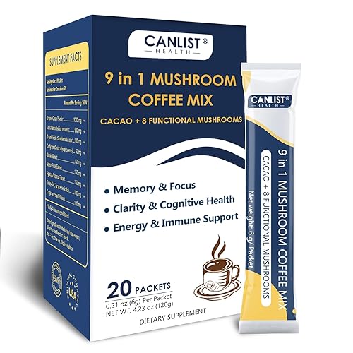 CANLIST Café en polvo orgánico de hongos 9 en 1 con melena de león y chaga, Cordyceps, Reishi, Shiitake para enfoque cognitivo, apoyo inmunológico y