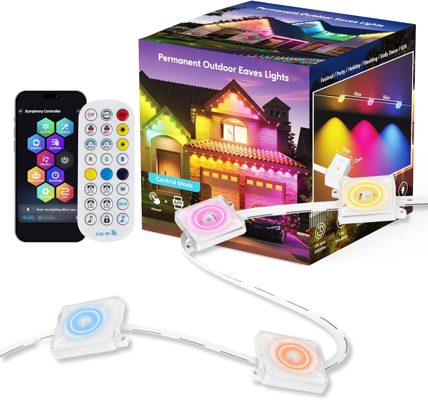 RGB Permanent Outdoor Lights 50ft 30 LEDs - Outdoor Lights under Eave for House Decoration with App Control &Remote,Smart Lighting Support with Alexa & Google Assistant for Party, Halloween,Christmas