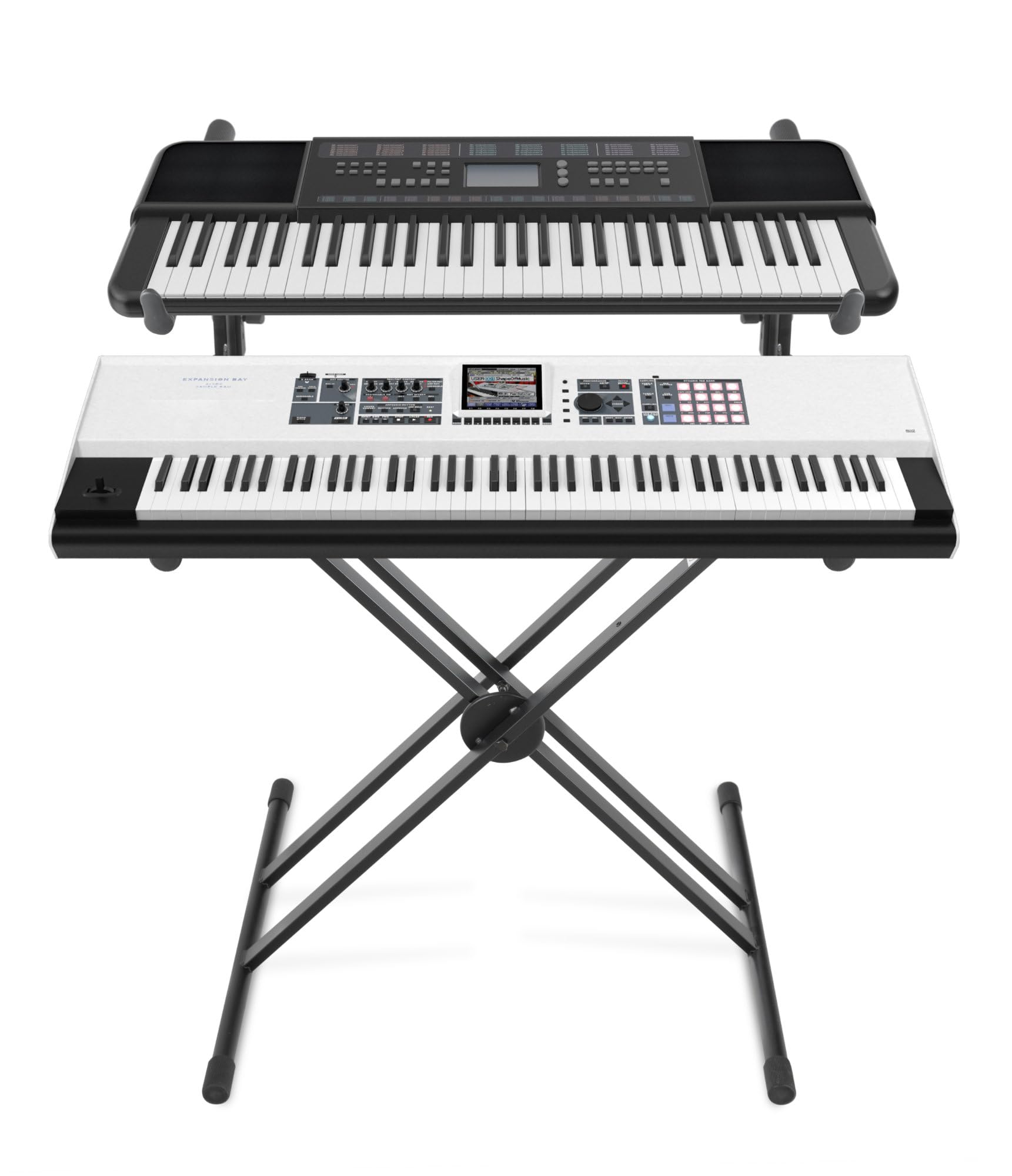 Classic Cantabile 2-fach Doppel-X-Keyboardständer - doppelstrebige Ausführung - 2 Ebenen für 2 Instrumente - Zahnsegmentverschluss für die zweite Ebene - Schwarz