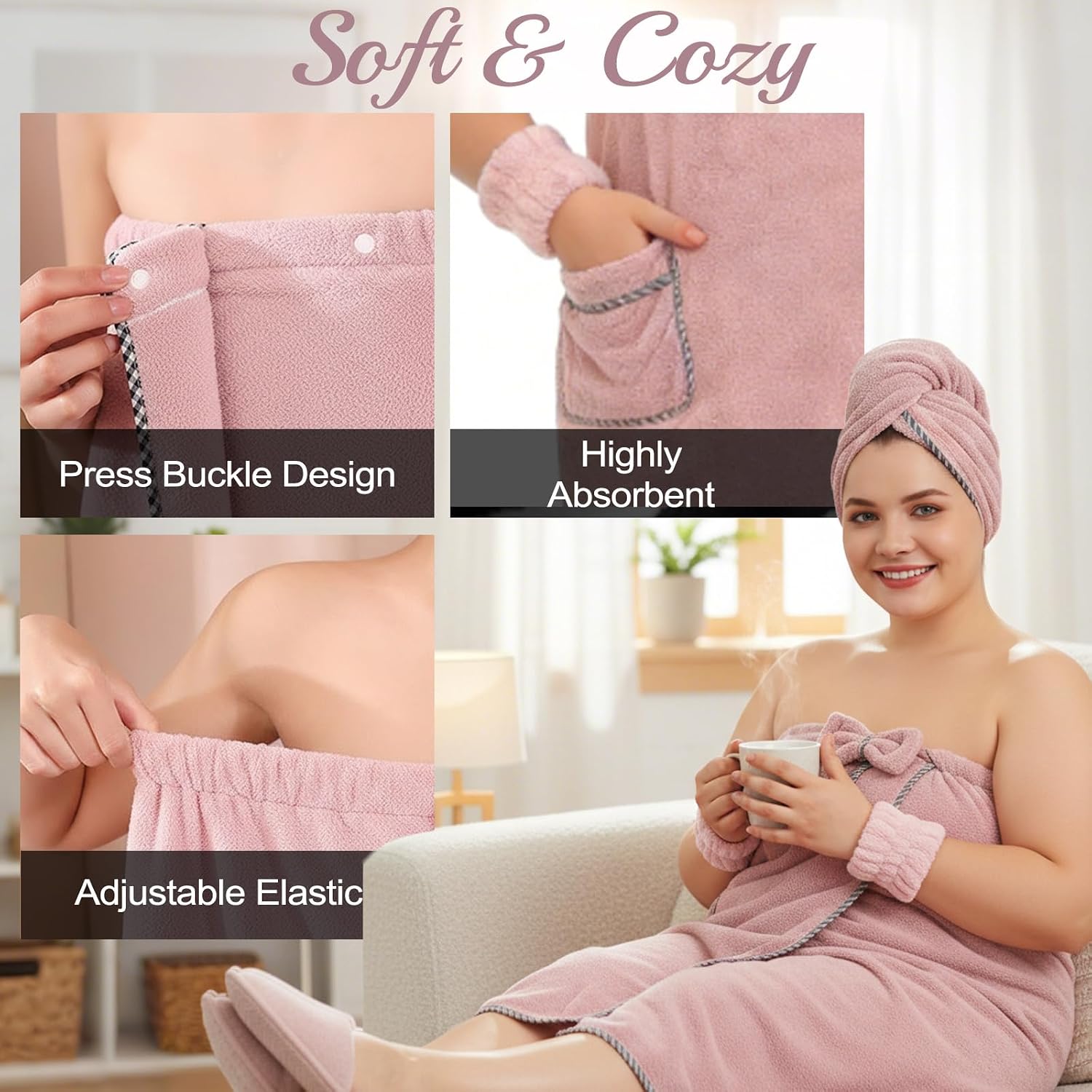 Defresit Plus Size Women's Towel Wrap (XXL-XXXXL) with Hair Towel Wristbands Lightweight Shower Wrap Spa Bathrobe Body Wrap Adjustable Quick-Dry Comfortable Bath Towel Set Machine Washable Blush Pink
