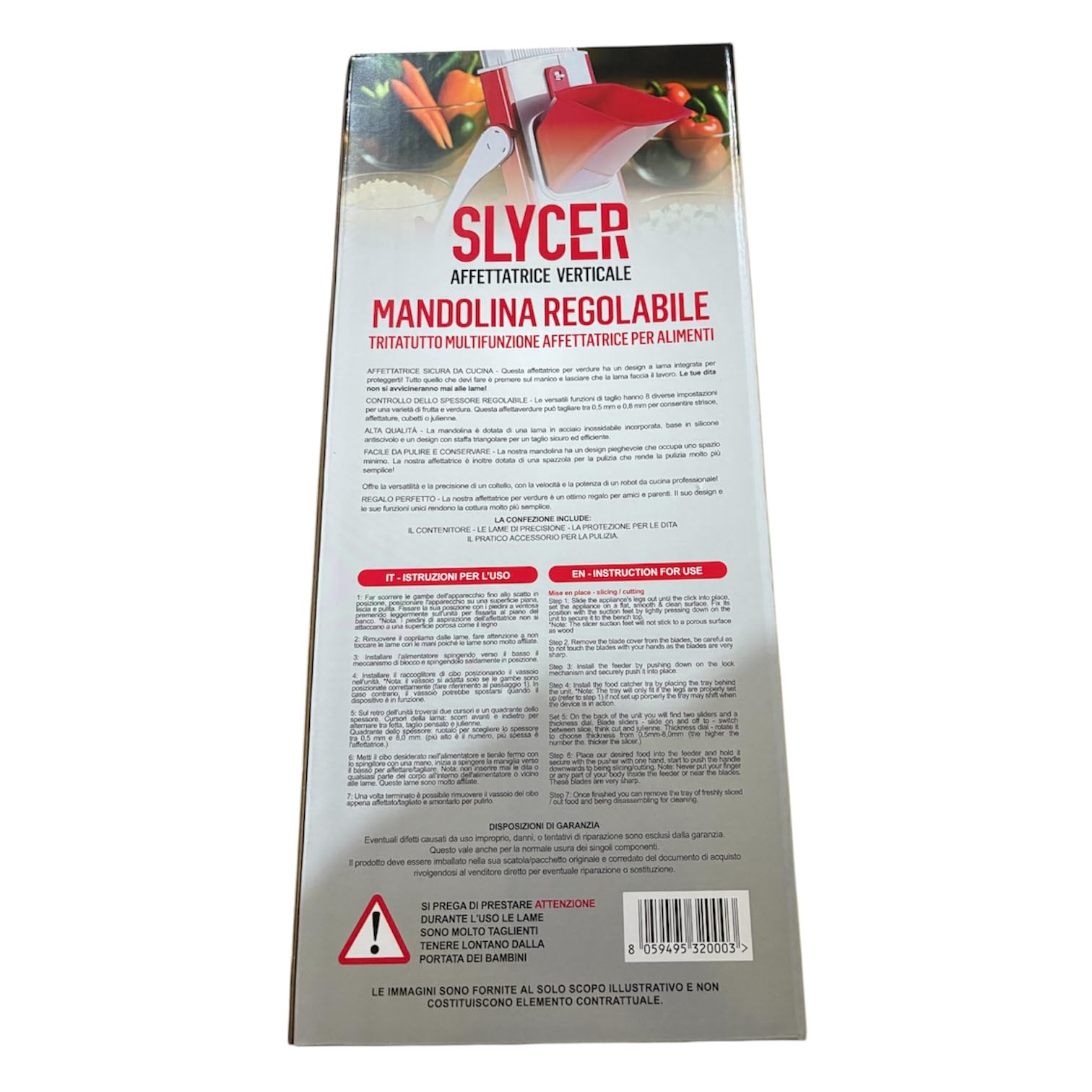 Affettatrice Verticale Professionale, Slycer per Salumi Formaggi e Carni, Rosso e Bianco, con Lama in Acciaio, Manico Estraibile, Base Stabile Antiscivolo