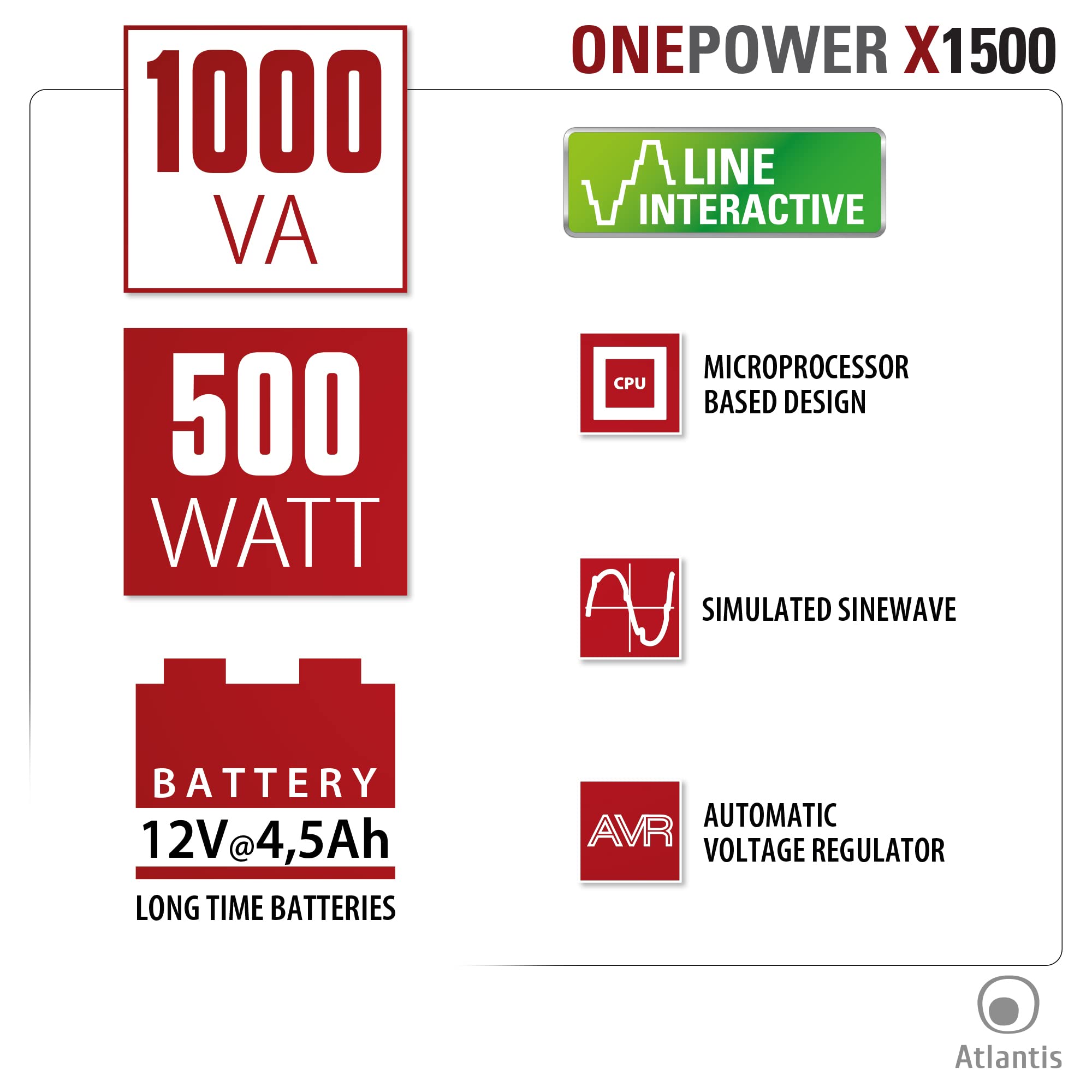 Atlantis UPS X1500 Line Interactive 1000VA 500W