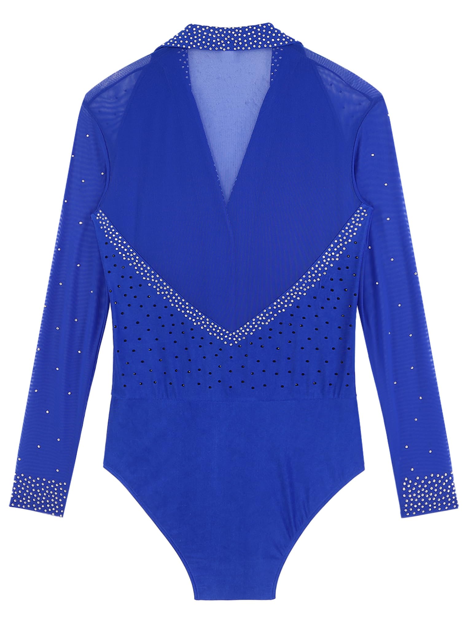 YEAHDOR Mens Long Sleeve Dance Bodysuit Shirt Button Sparkly Rhinestone Romper Latin Dance Cha-Cha Costume Blue Large