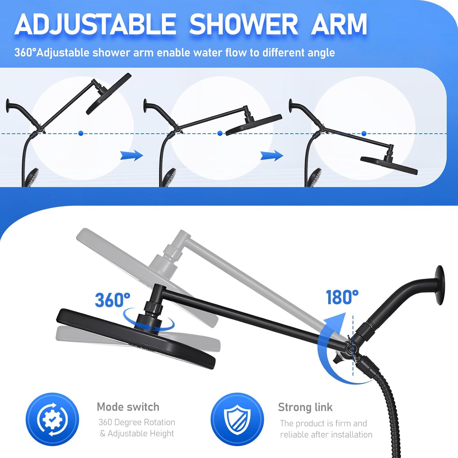 Wide Rain Shower Head With 5 Modes Handheld Showerheads, High Pressure Showerhead Combo with Extension Arm for Bathroom Accessories, Adjustable Shower Head with Anti-Clog Nozzles (Black) - Image 4