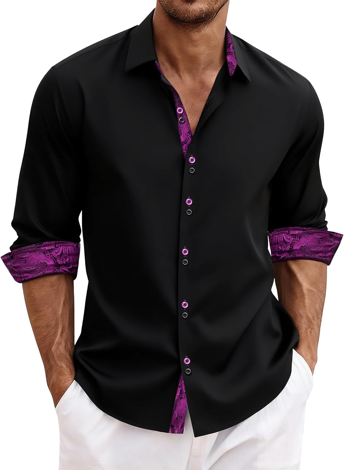 DiBanGu Men's Dress Shirt Long Sleeve Casual Button Down Shirts Regular Fit Inner Contrast Shirt for Business Party