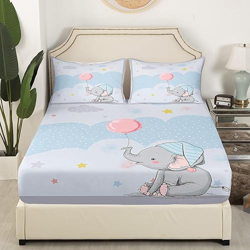Miniatura 9 de Juego de ropa de cama Kawaii de elefante, tamaño individual, bonita silueta de elefante blanco y gris, sábana bajera ajustable para dormitorio de