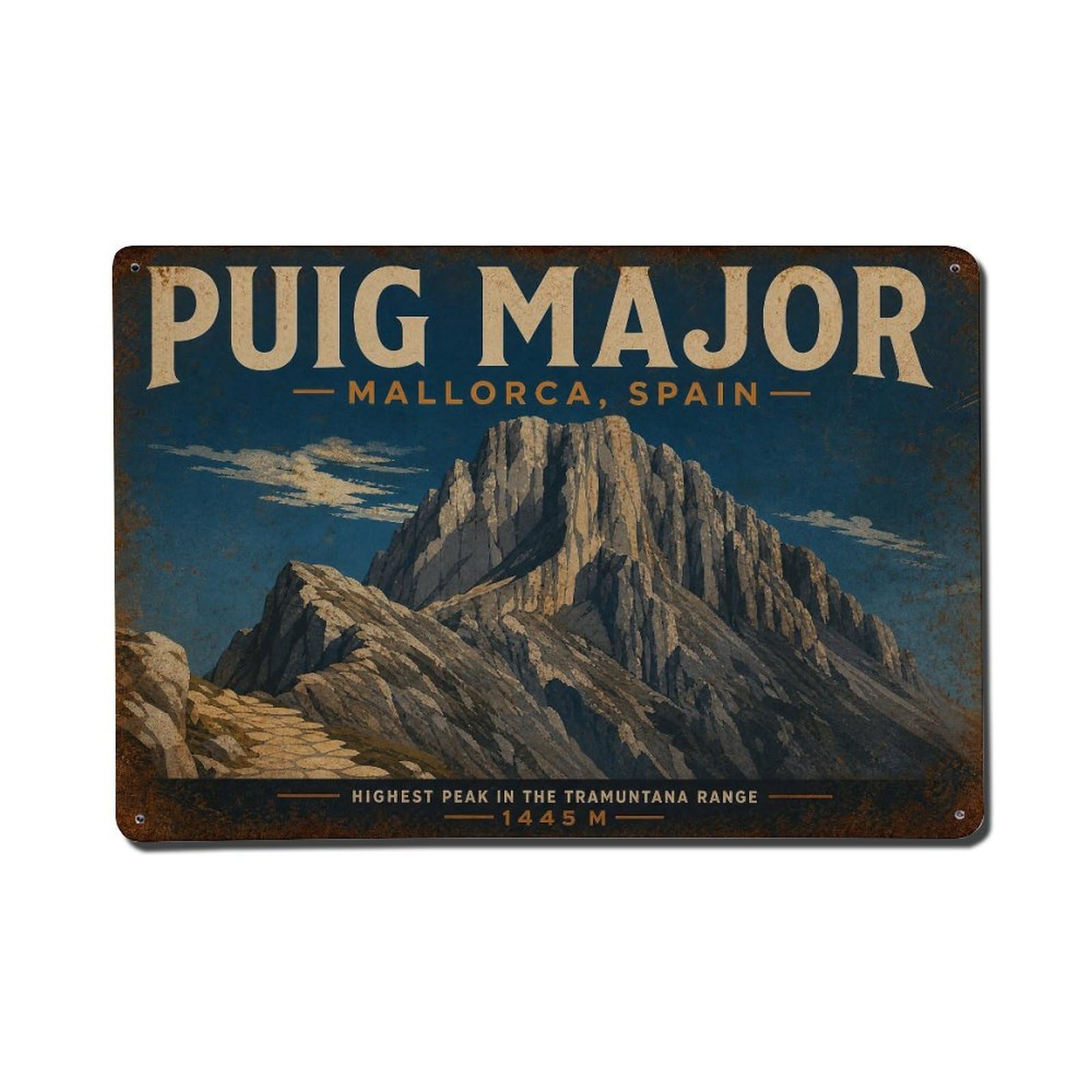 Vintage Travel Puig Major Peak Mallorca Highest Mountain Metal Tin Sign Wall Decor for Cafe, Club, Garden Metal Poster 8x12Inch
