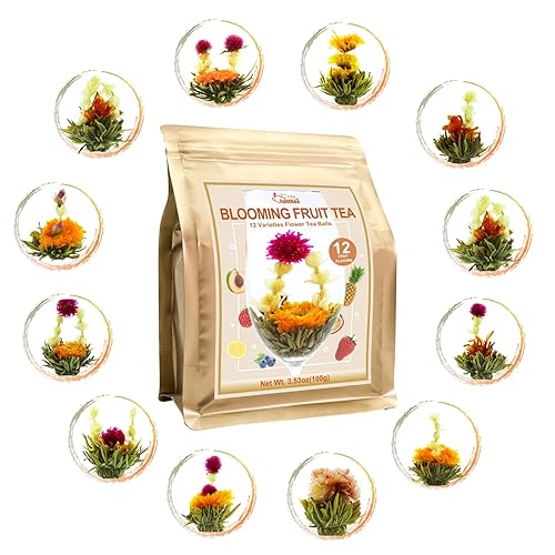FullChea - Té floreciente 12 variedades únicas - Té floreciente en 12 deliciosos sabores frutales - Regalo para amantes del té aniversario San