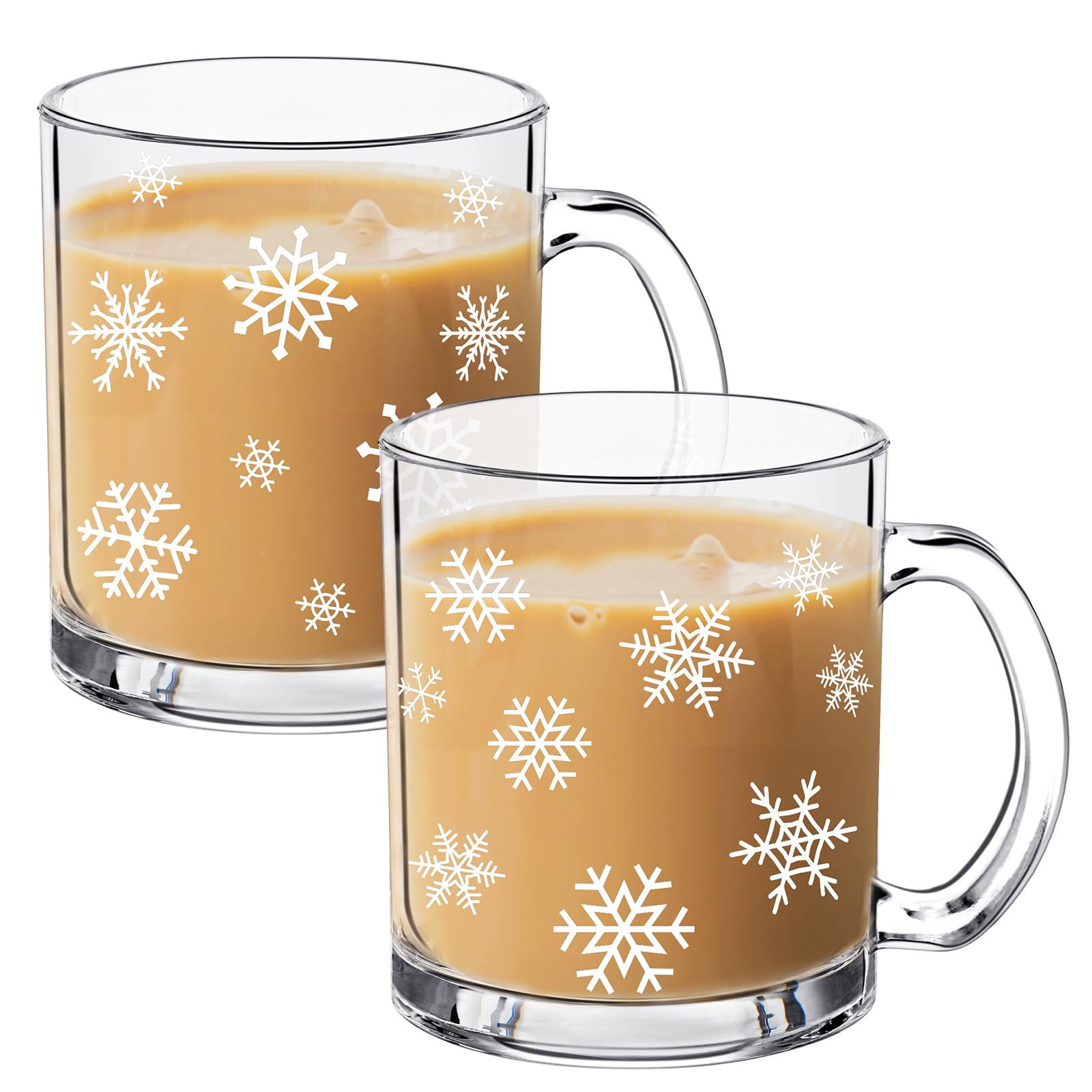 Tioncy 2 x Kaffeetassen mit Weihnachtsschneeflocke, Glas, mit Griff, 340 ml, Weihnachtsschneeflocke, Glasbecher, Winterurlaubstassen für Weihnachten, Zuhause, Büro, Geschenke
