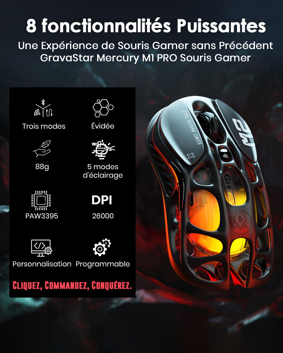 GravaStar Mercury M2 Souris de Jeu – Souris de Jeu MMO pour Ordinateur avec capteur Optique 26 000 DPI – Design léger évidé – 5 Boutons programmables – 5 Modes RVB Dynamic Lightsync – Noir furtif