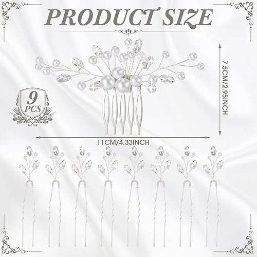 Miniatura 3 de Juego de 9 piezas de perlas, peine para el pelo de boda, perlas, peine lateral en forma de U, pinzas para el pelo de novia, pasadores de perla,