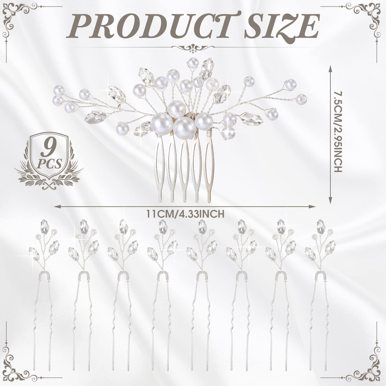 9 Stück Perlen Braut Hochzeit Haarkamm Perlen Haarnadeln Set Braut Steckkamm U Förmige Haarspangen Perle Bobby Haarnadeln Hochzeit Haarschmuck für Damen Mädchen (Silber, Retro Stil)