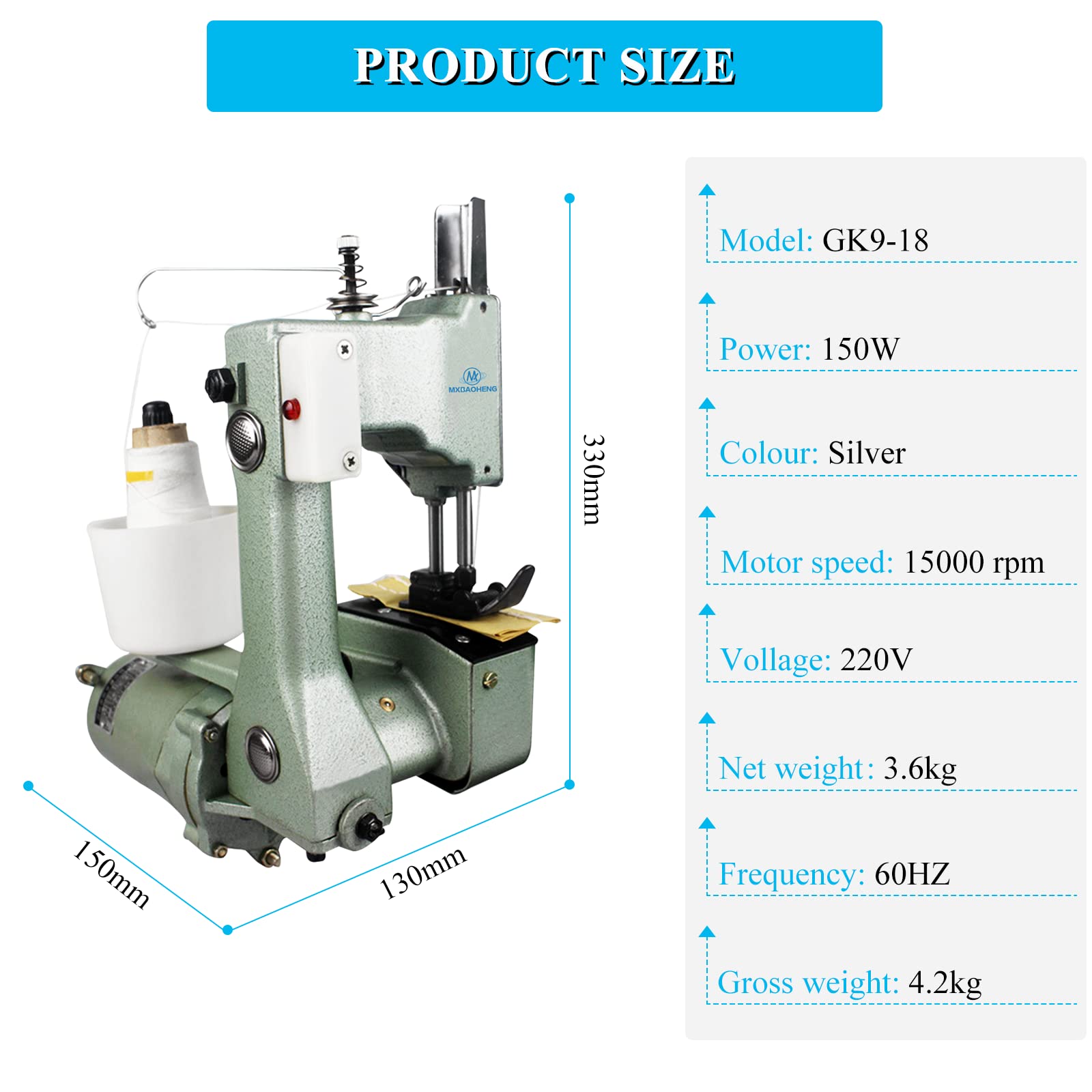 MXBAOHENG Machine à Coudre Portable Closer Stitcher GK9-18 machine à coudre électrique pour sac tissé/sac de riz/sac en papier/sac en plastique GK9-18