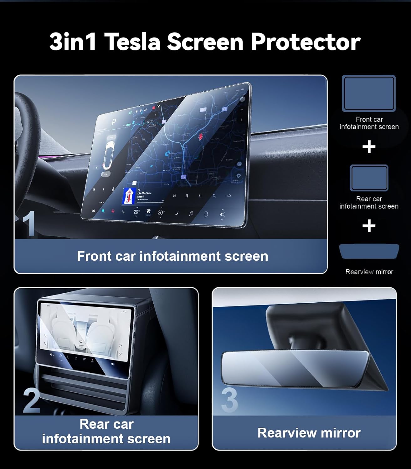 3 in 1 16“ New Model Y Premium & performance (2026) Screen Protector Matte 3 Psc Protector Center Display + Rear Touchscreen + Rearview Mirror Model Y