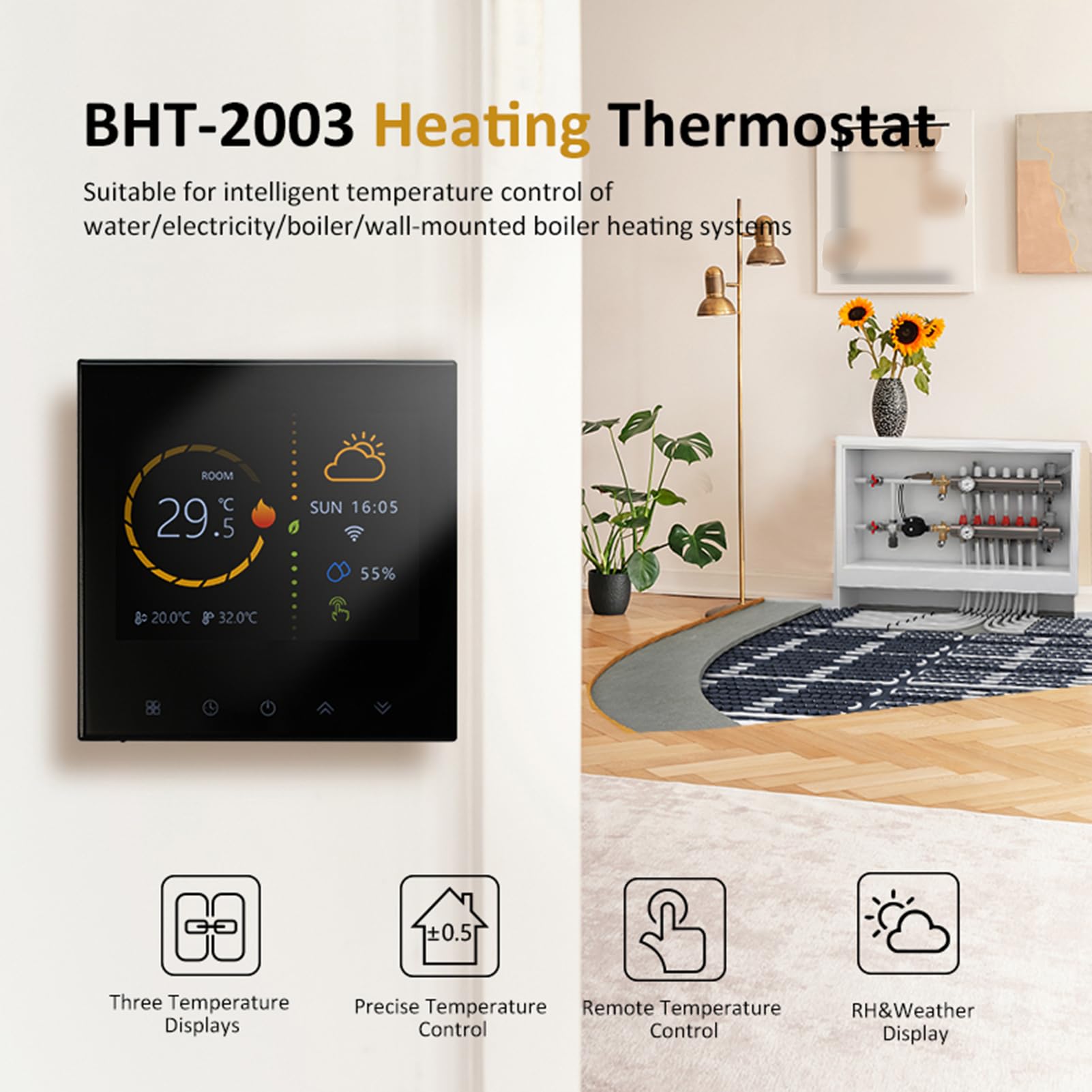 Zerodis Regolatore di Riscaldamento Domestico Intelligente, Regolatore di Temperatura Digitale con Accesso WiFi Remoto e Precisione di ±1 ℃ per Sistemi a Pavimento Ad Acqua, Senza Cavo (BLACK)