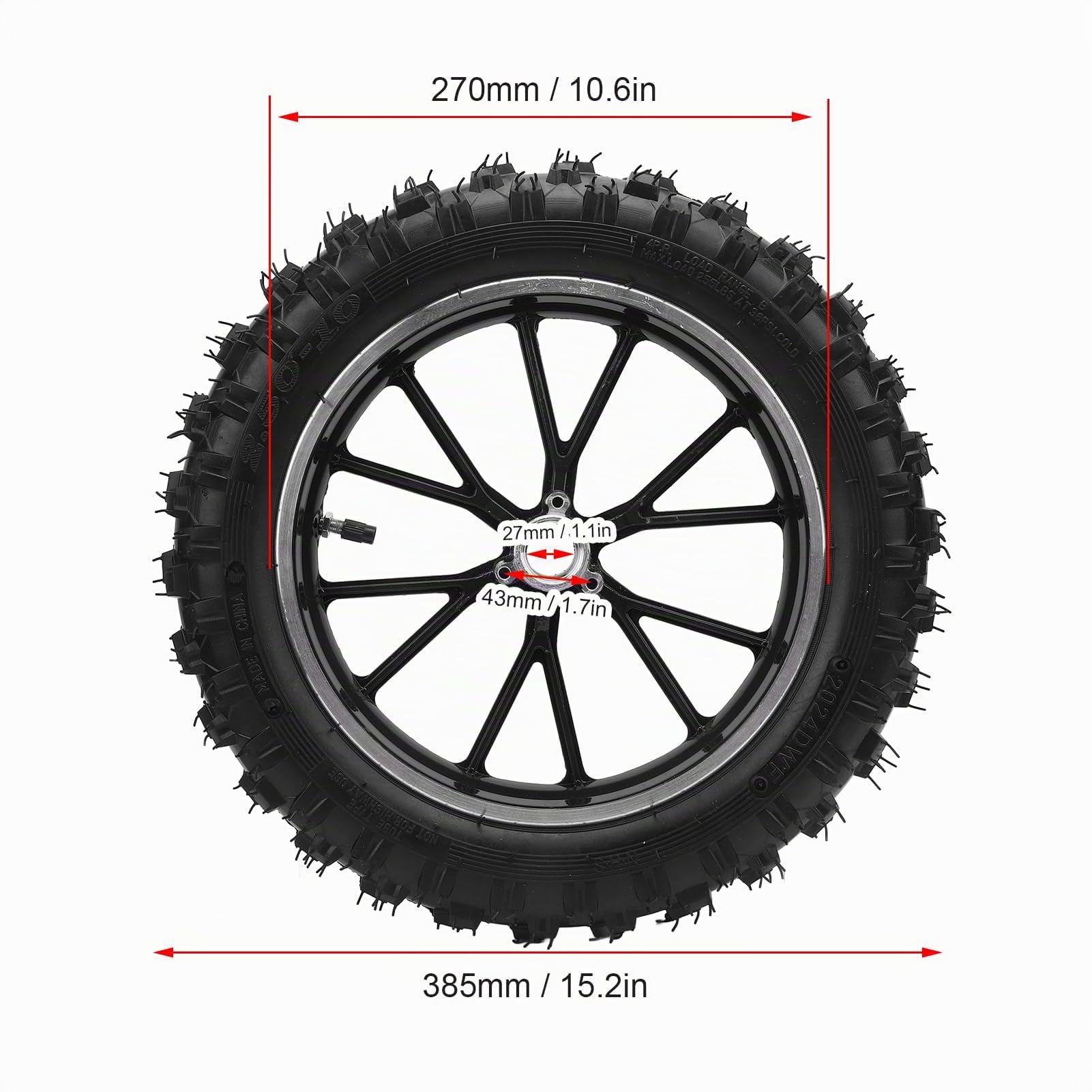 Pneumatico Ruota Anteriore 2.5-10 con Camera D'aria, Gomma E Metallo 10 Pollici per Piccole Motociclette Fuoristrada 49, Parti Ricambio Cerchio Ruota Anteriore Posteriore (BLACK)