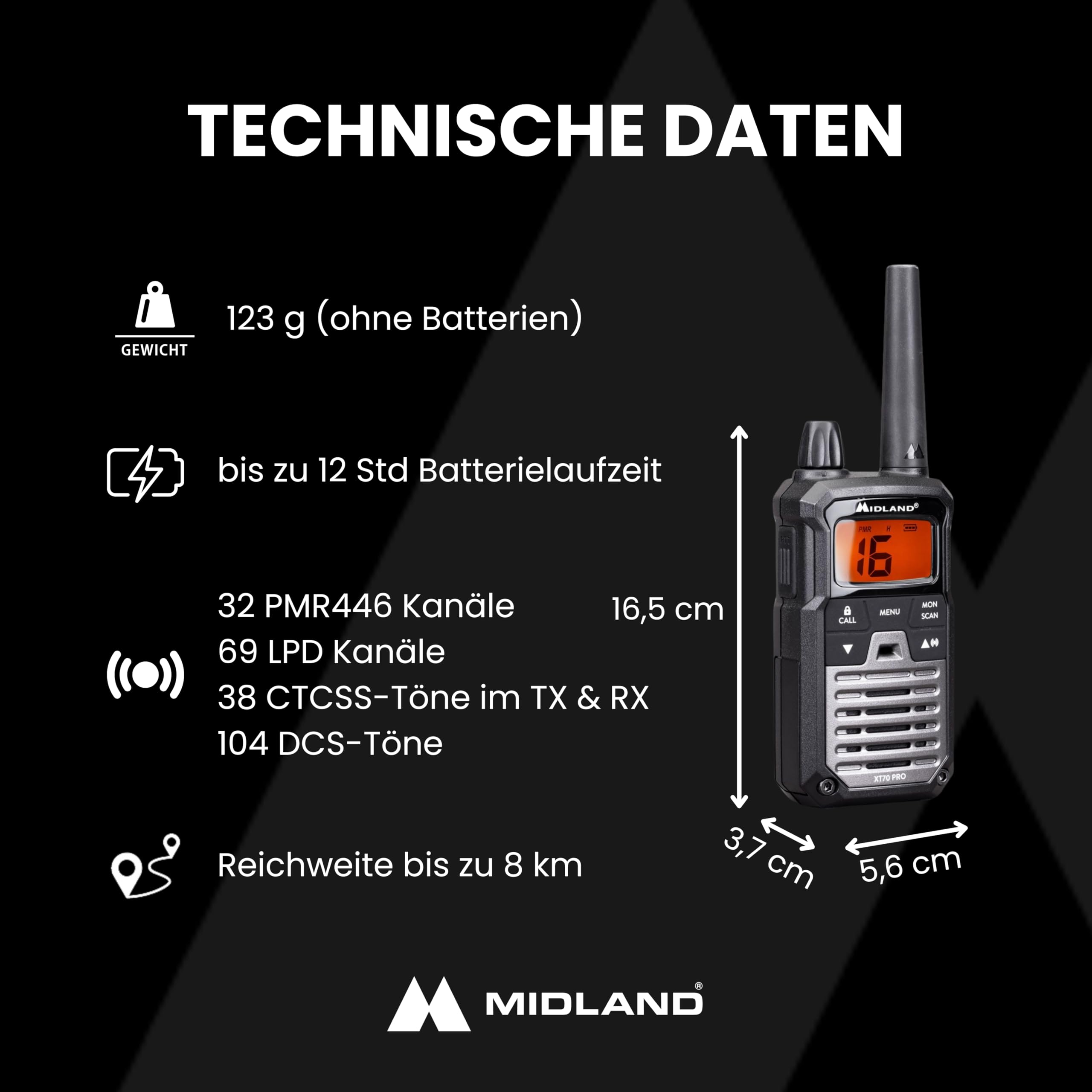 Midland XT70 Pro Adventure PMR + LPD-Funkgeräte mit bis zu 12 km Reichweite, 101 Kanäle, Walkie Talkie Set, IP X4 wasserdicht, Paar, schwarz grau