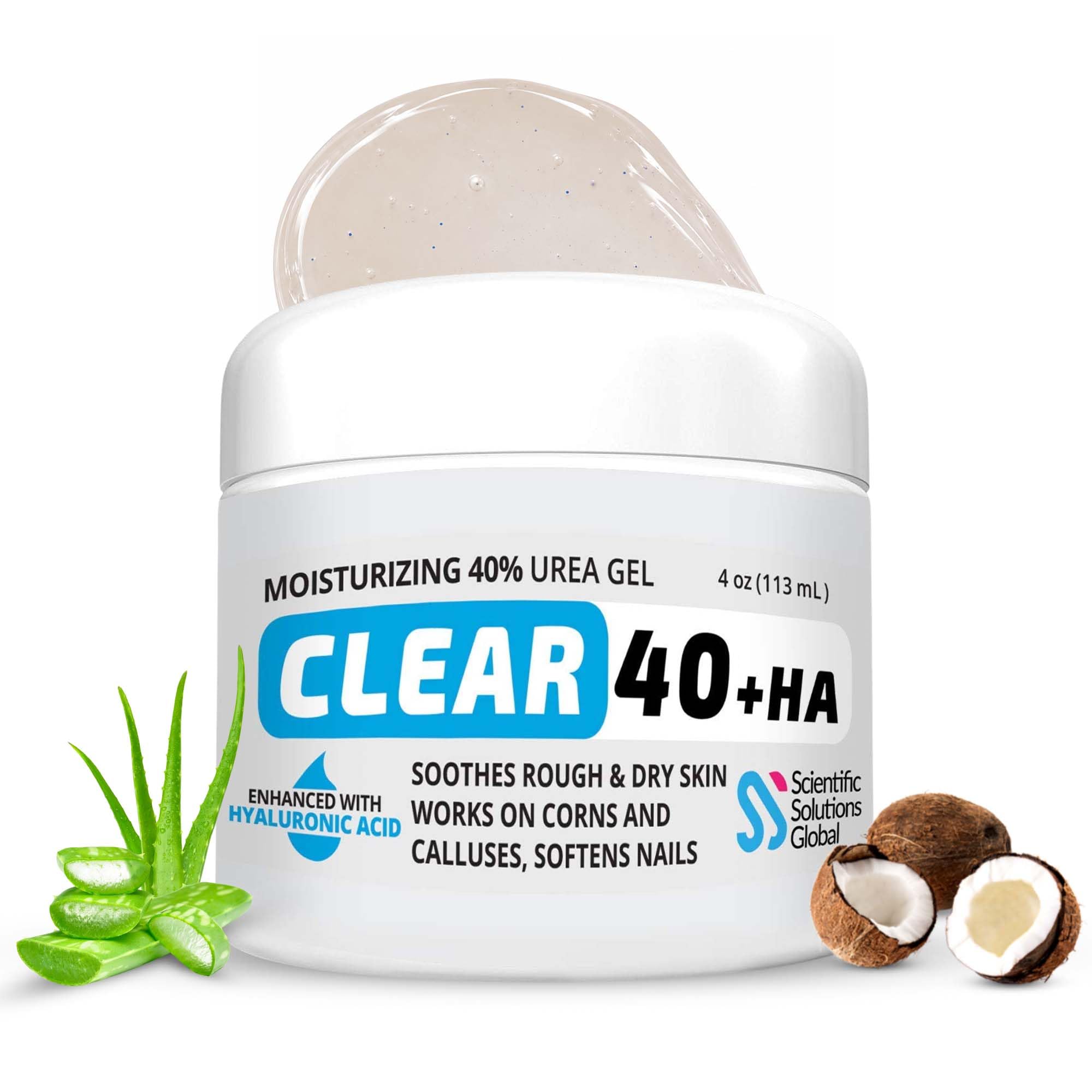 Urea 40% + 1% Hyaluronic Acid 4oz, Softens Cracked Heels & Dry Skin | Urea Gel 40 Percent for Feet Maximum Strength, Infused w/ Tea Tree & Coconut Oil