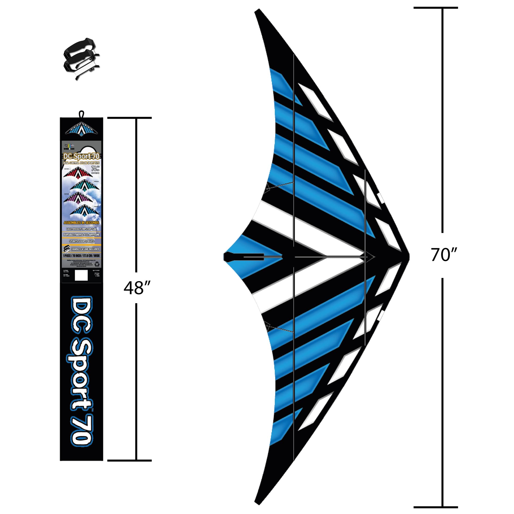 WindNSun DC Sport 70 Nylon Delta Dual Control Stunt Kite, 70 Inches Wide, Blue