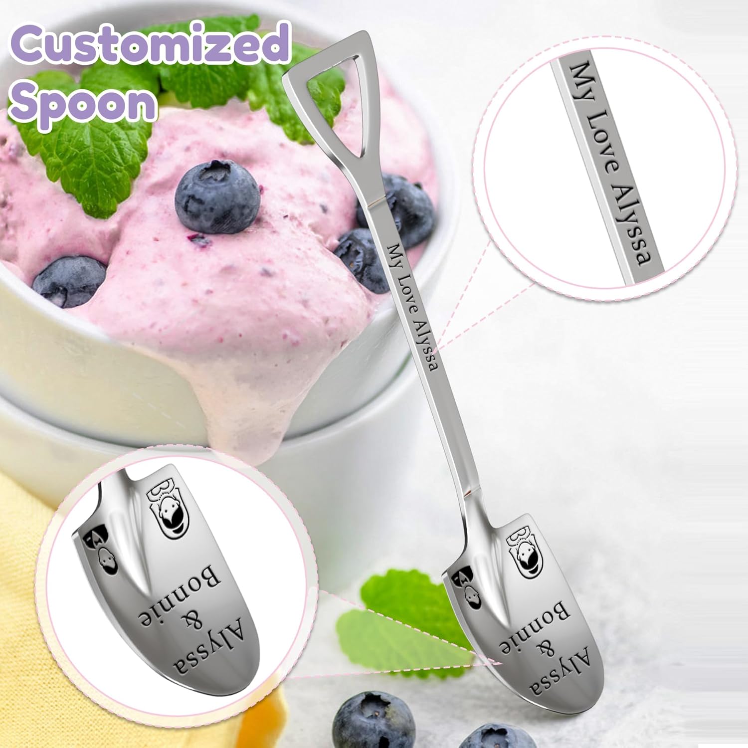 Custom Spoon, 2-100Pcs Engraved Ice Cream Scoop Shovel with Name/Image/Text Special Gifts for husband Wife Mom Dad, Personalized Stainless Steel Dessert Spoon for Anniversary Mother Day (Silver) - Image 2