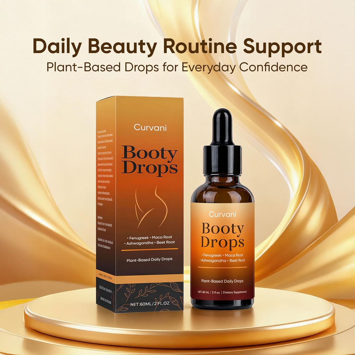 Curvani Booty Drops for Women, Herbal Liquid Blend with Maca, Ashwagandha, Fenugreek & Beet Root, Botanical Daily Formula, 2 fl oz