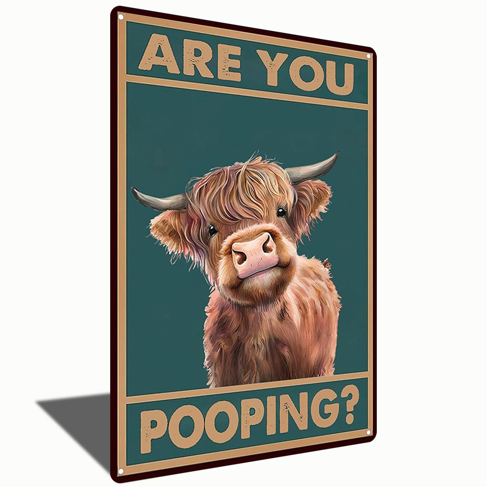 Vintage Funny Highland Cow Are You Pooping Tin Sign for Bathroom Toilet Wall Decor 8 X 12 Inch (2496), dark or deep green, 8x12 inches