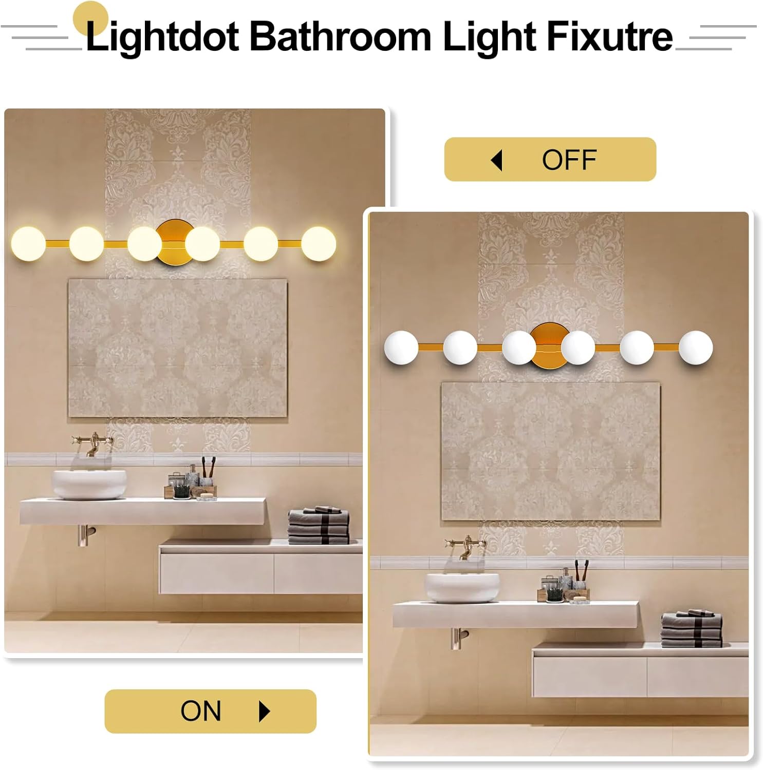 Lightdot 6 Light Bathroom Vanity Light, 38" Modern Gold Vanity Lights with Globe Water/Shatterproof PC Lampshade, Rust-Proof Bathroom Light Fixtures Over Mirror for Kitchen Hallway Cabinet Porch