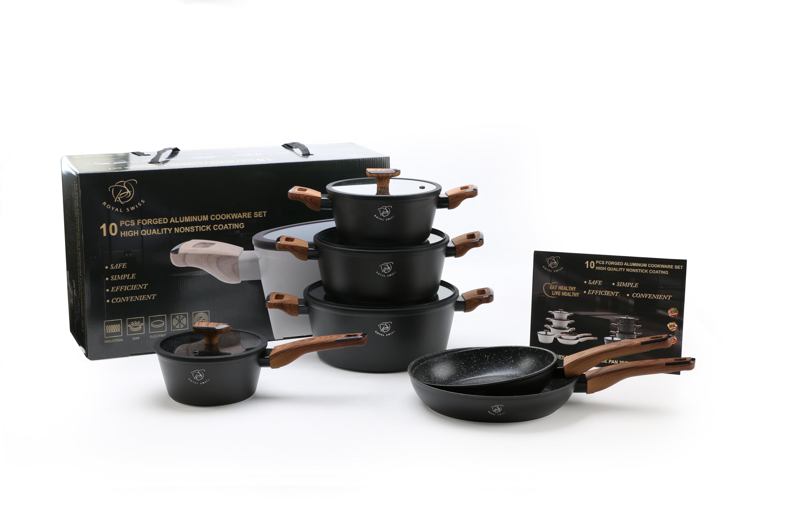 Royal Swiss® Cookware Set 10 Pieces – Pots & Pans with Removable Handles, Marble Non-Stick Coating Without PFAS, Compatible with Induction, Gas, Electric and Oven