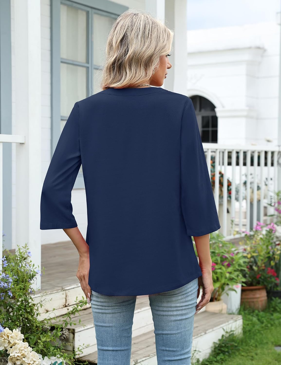 LUYAA Womens 3/4 Length Sleeve Tops Cotton Linen Shirts V Neck Pleated Tees