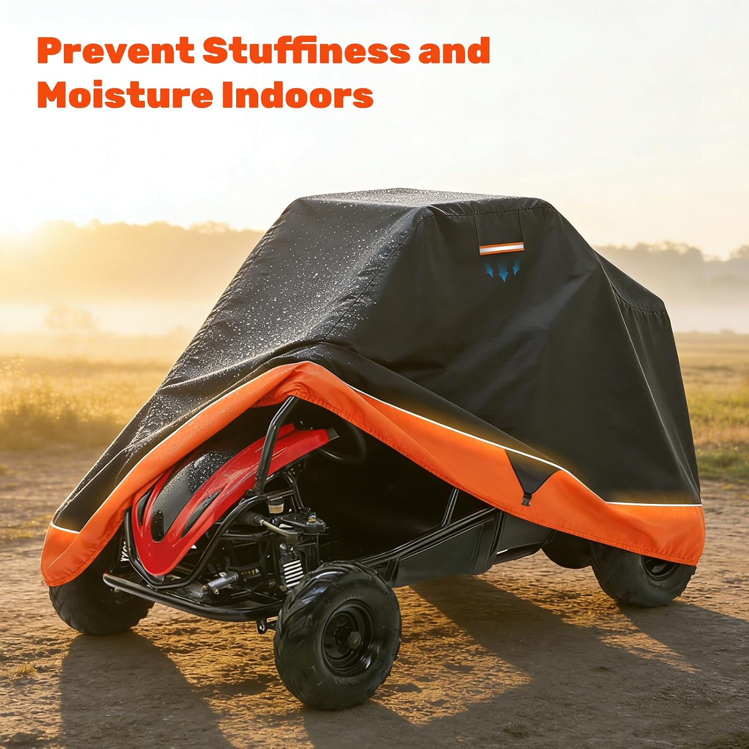 Go-Kart Cover 2 Seater, Waterproof 420D Go-Kart Cover, Go-Kart Accessories with Reflective Air Vent and Windproof Buckle, Black and Orange