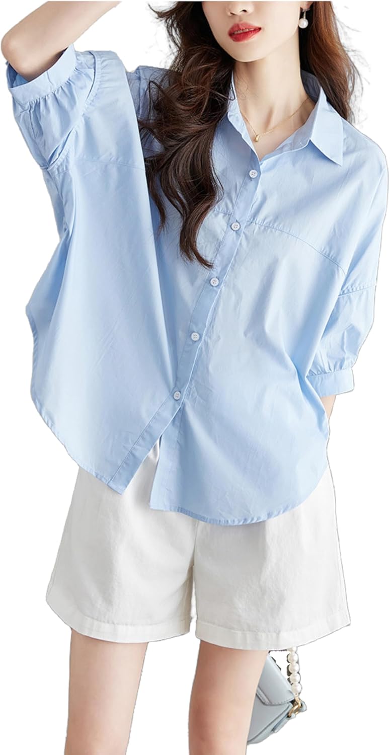 Unilexi Womens 2025 Summer 3/4 Sleeve Button Down Shirt Casual Collar Loose Blouse Tops with Bilateral Folds - Image 2