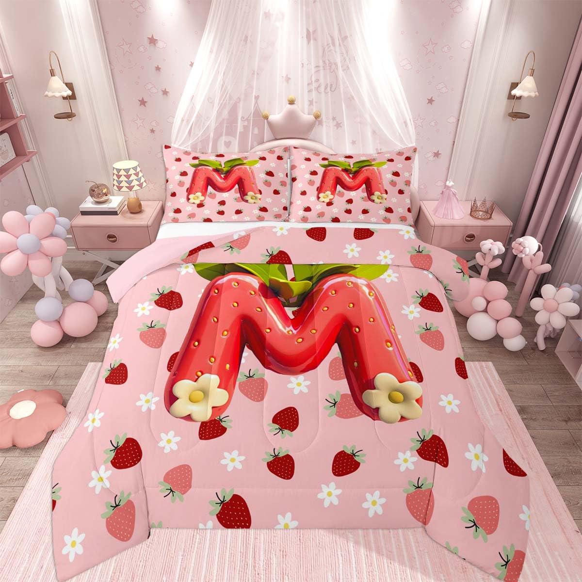 Feelyou Girls Strawberry Comforter Set Full Size Pink Strawberry Bedding Set for Kids Boys Girls Initial Letter M Duvet Quilt Bedroom Decor Microfiber 3 Pcs with 2 Pillow Cases