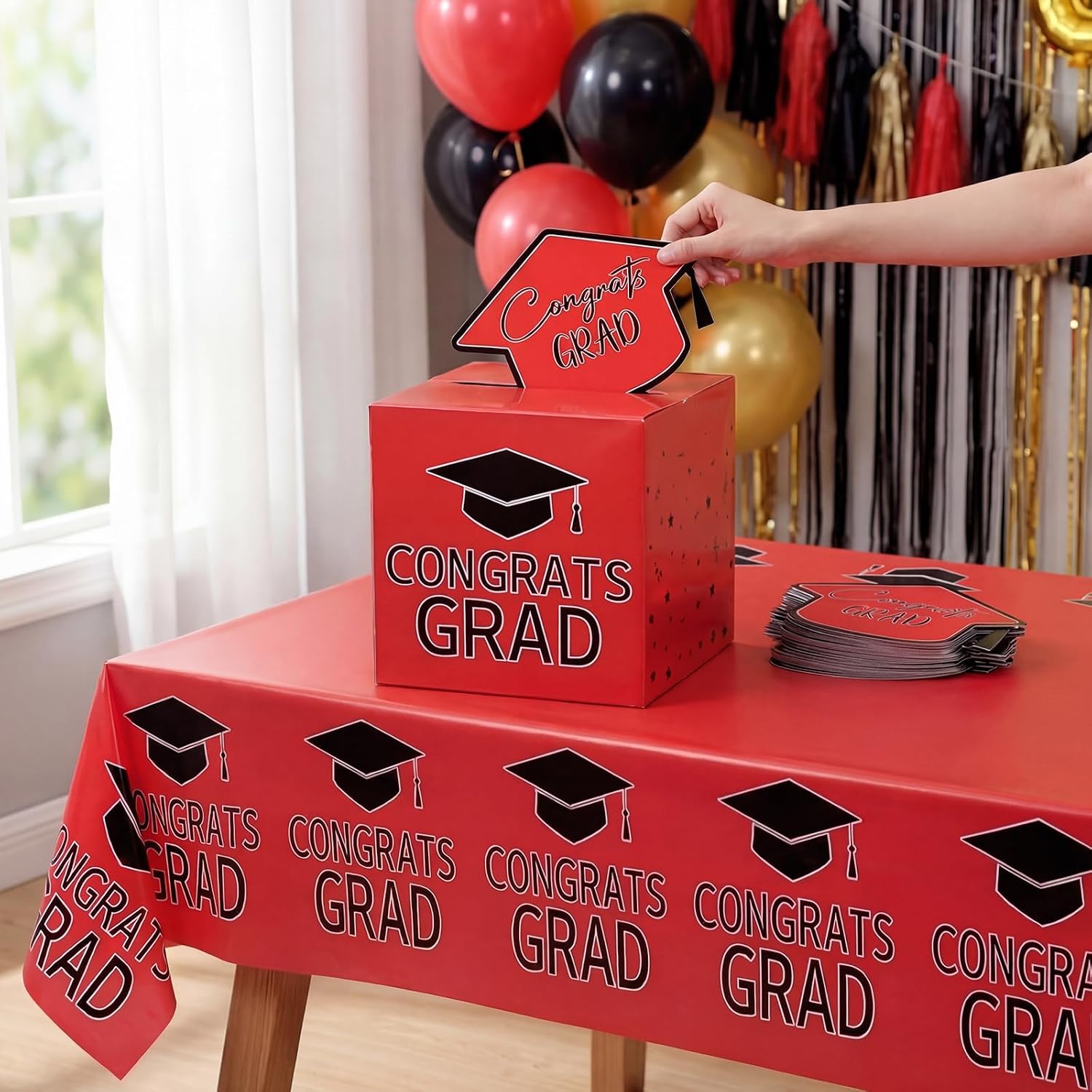 Tenceur Red and Black Graduation Party Decorations Set 2026 Graduation Card Box Tablecloth and 50 Pack Advice Cards for Class of 2026 Graduate Party Favors Decor Supplies Gifts