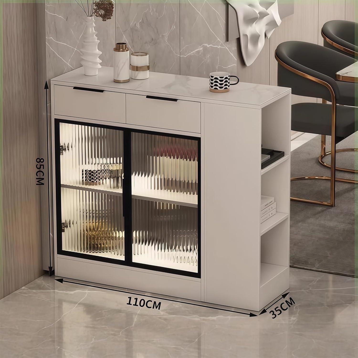Storage Trolley Sideboard Island with Drawers Glass Doors Shelves and Open Storage Compartments Shelving Organizer