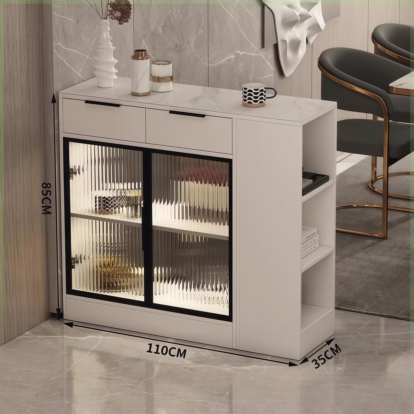 Zf9tBw5sH Unité d'îlot de Cuisine Buffet îlot avec tiroirs, Portes vitrées, étagères et Compartiments de Rangement Ouverts