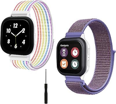 2 Pack kids Bands for Gabb Watch/ Gizmo Watch Band Replacement, Breathable Washable Hook & Loop Nylon Wristband Straps , Compatible with Version Gizmo Watch 2/Gizmo Watch 1, Designed for kids (Rainbow/Purple)