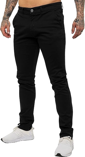 Enzo Mens Designer Skinny Slim Fit Chinos Super Stretch Trousers Pants EZ348 Black 36 Regular