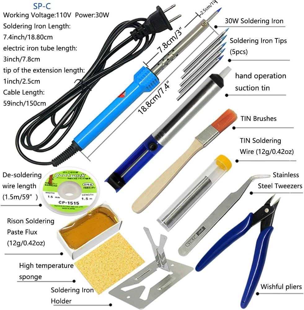 SPC0 Soldering Iron Kit Welding Tool 15-in-1 30W Soldering Iron,5pcs Soldering Tips, Desoldering Pump,solder wire,suction tin copper wire,rosin,tweezers,Stand,brush,sponge,suction tin,pliers