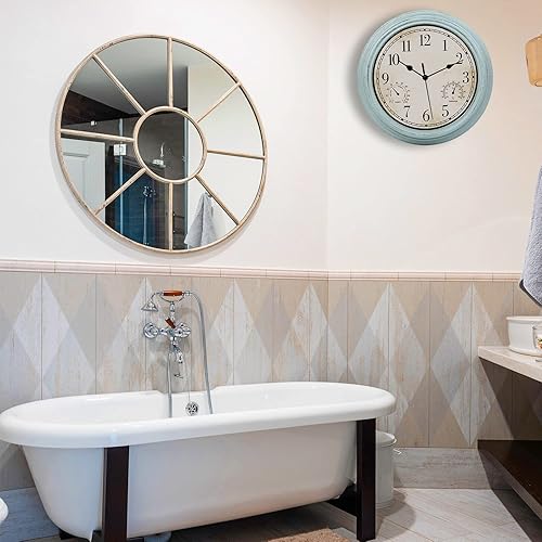 Miniatura 7 de Reloj de pared retro impermeable de 12 pulgadas para interiores y exteriores, con termómetro e higrómetro, funciona con pilas, reloj de pared