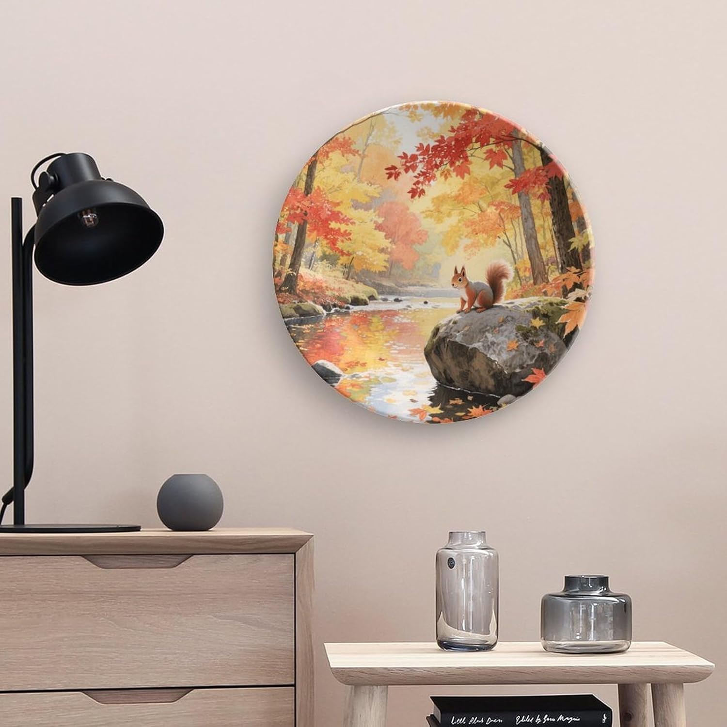 Bone China Decorative Plates A Maple Forest in Autumn Ceramic Decorative Plate Wall Decor with Display Stand Ceramic Ornaments for Wall Hanging Decoration