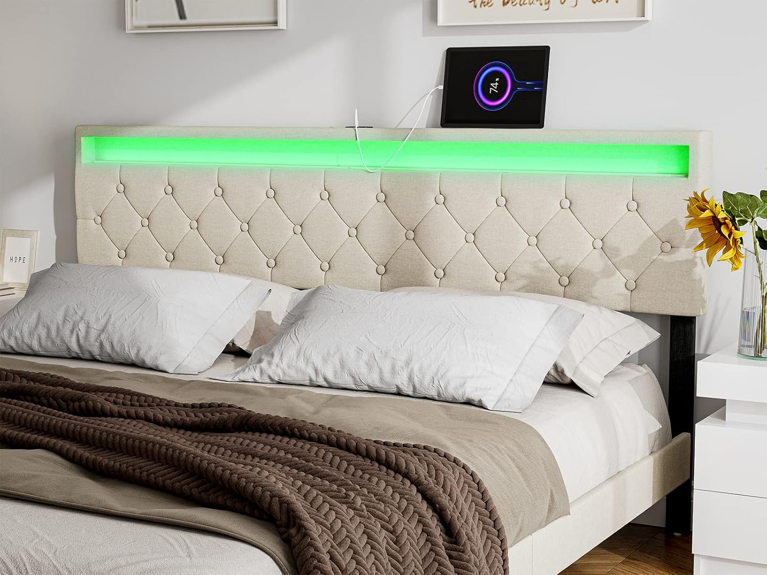 IKIFLY Upholstered King Size Headboard with LED Lights & 2