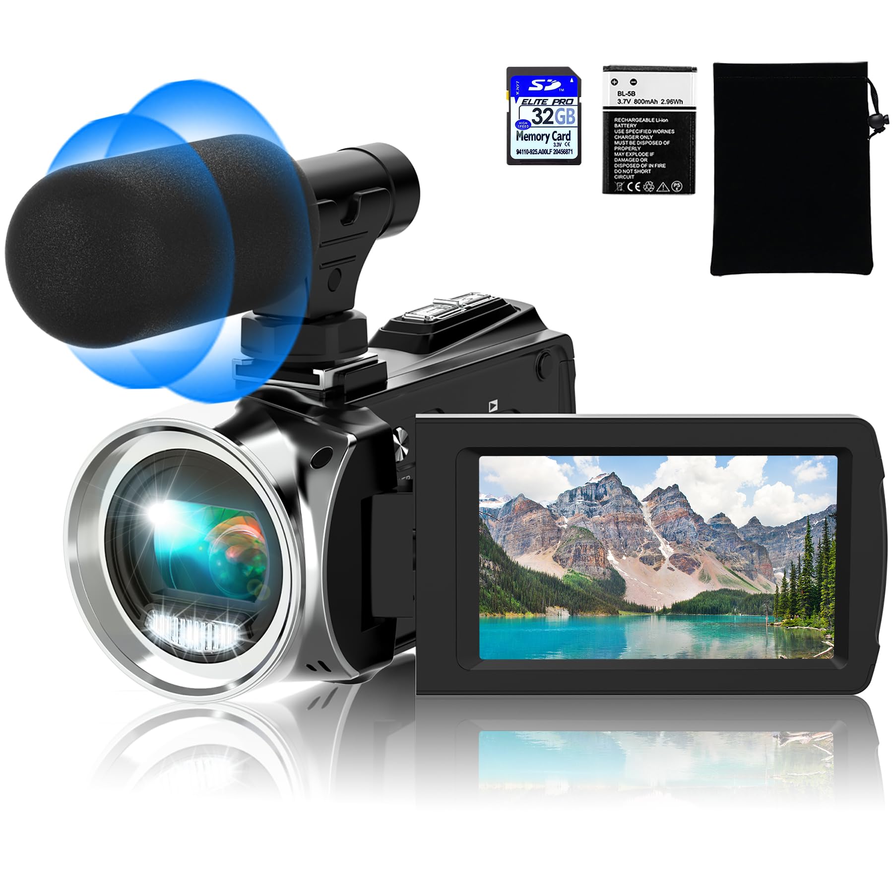 Video Camera Camcorder with Microphone HD 4K 48MP Video Recorder Camera Vlogging Camera for YouTube Kids Camcorders with 3.0"" LCD Screen,18X Digital Zoom and 32G SD Card, Black