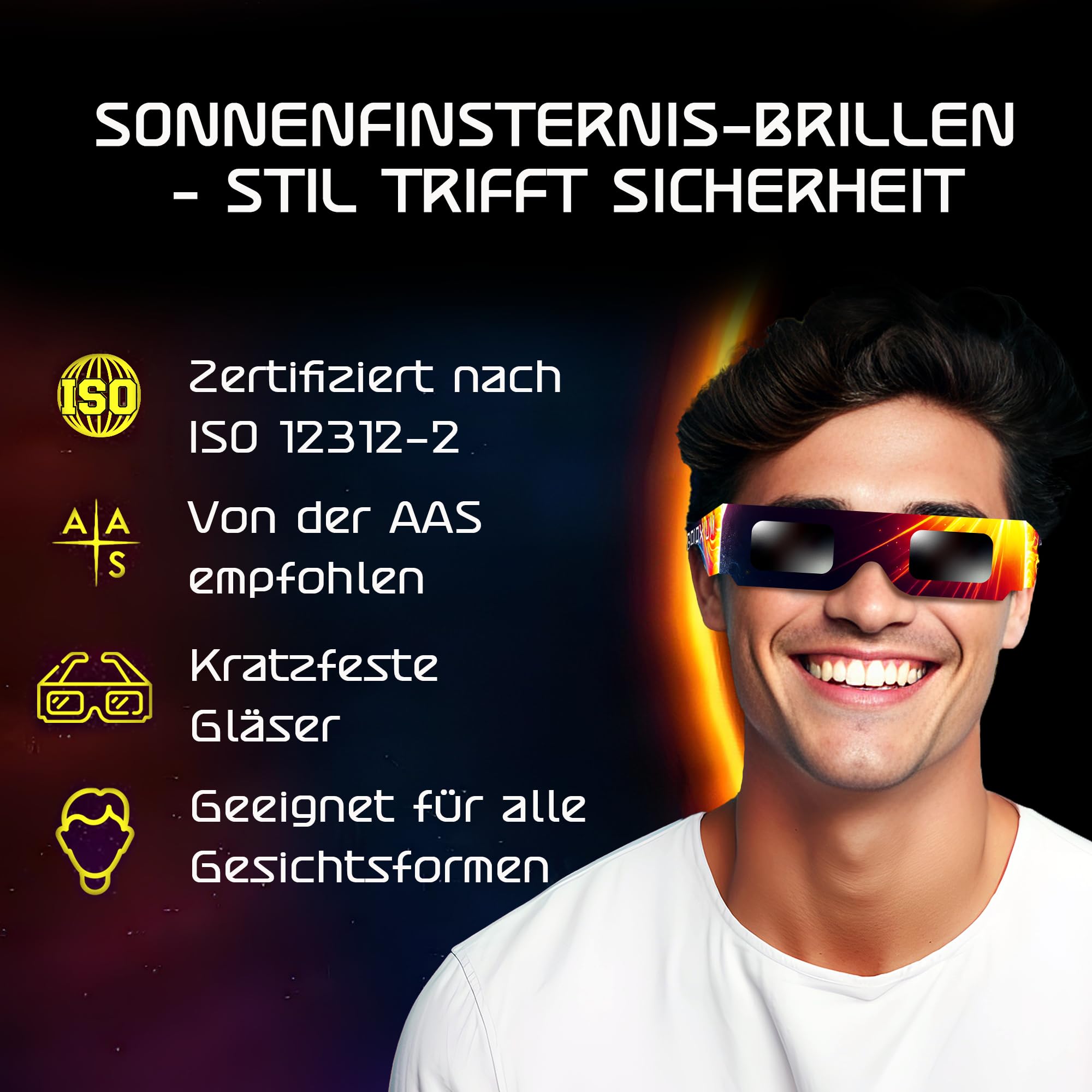 Galaxium 12/25/50/100er-Pack Sonnenfinsternis Brille ISO 12312-2 AAS Geprüft 2026 | Brillen Sonnenfinsternis | Schutzbrille für Sonnenfinsternis | Sonnenfinsternisbrille | Solar Eclipse Glasses