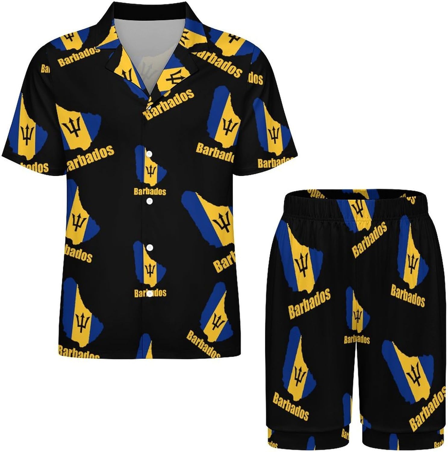 Barbados Flag Map Men's Short Sleeve Pajama Set Satin Silk Like Lounge Sleepwear
