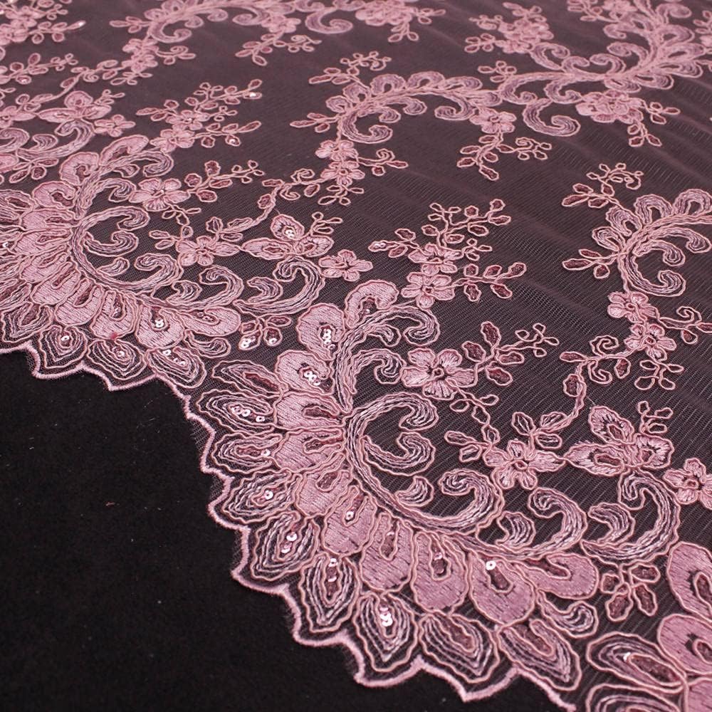 Melody Pink Polyester Floral Embroidery with Sequins on Mesh Lace Fabric by The Yard for Gown, Wedding, Bridesmaid, Prom - 10002