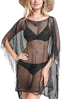 Vossmi Vestido de Playa para Mujer Bikini Cover Up Borlas Ropa de Playa Verano Pareos Playa Crochet Corto Tops Camisa