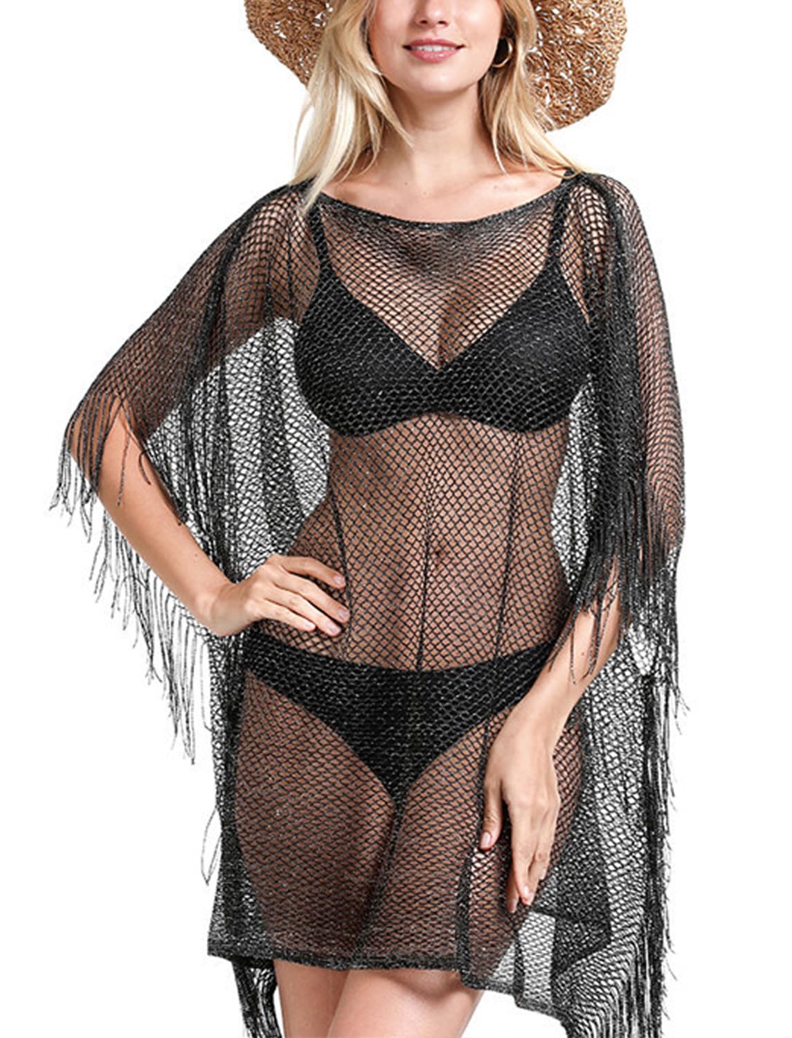 Vossmi Vestido de Playa para Mujer Bikini Cover Up Borlas Ropa de Playa Verano Pareos Playa Crochet Corto Tops Camisa