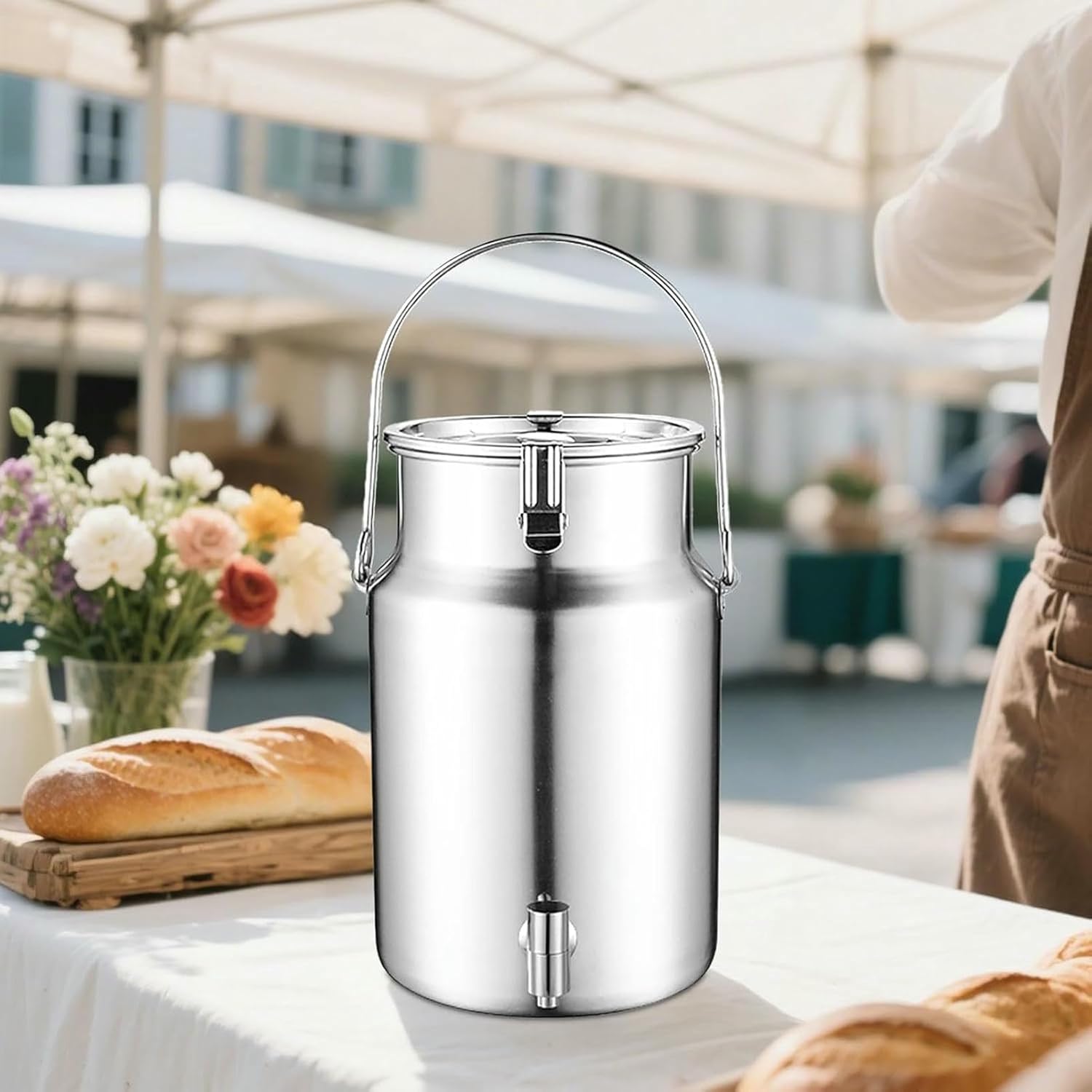 Heavy Duty Milk Transport Bucket with Faucet 304 Stainless Steel Handled Pail Bucket Milk Churn Pot for Milk and Wine Liquid Storag